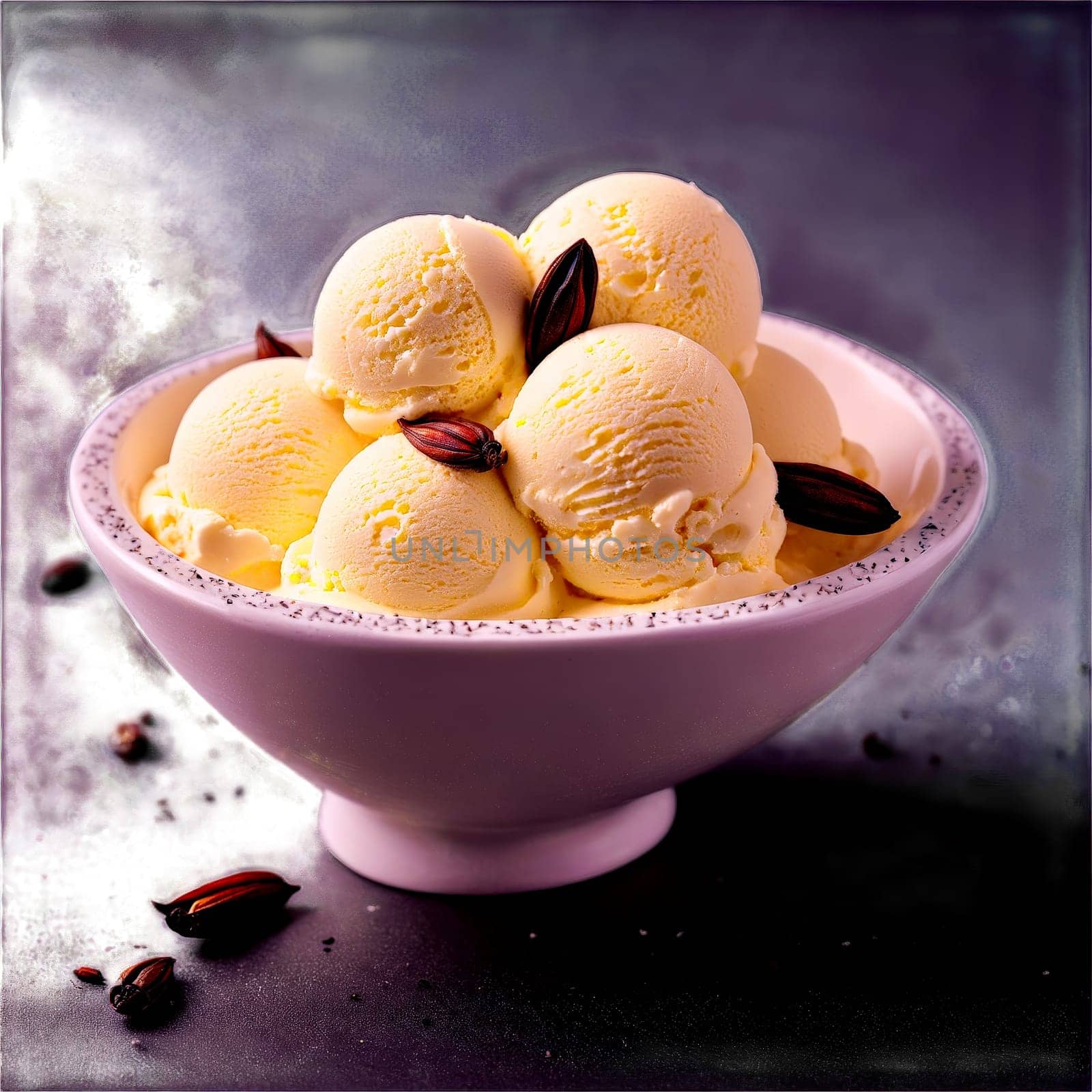 Vanilla bean ice cream with specks of real vanilla beans served in a white ceramic by panophotograph