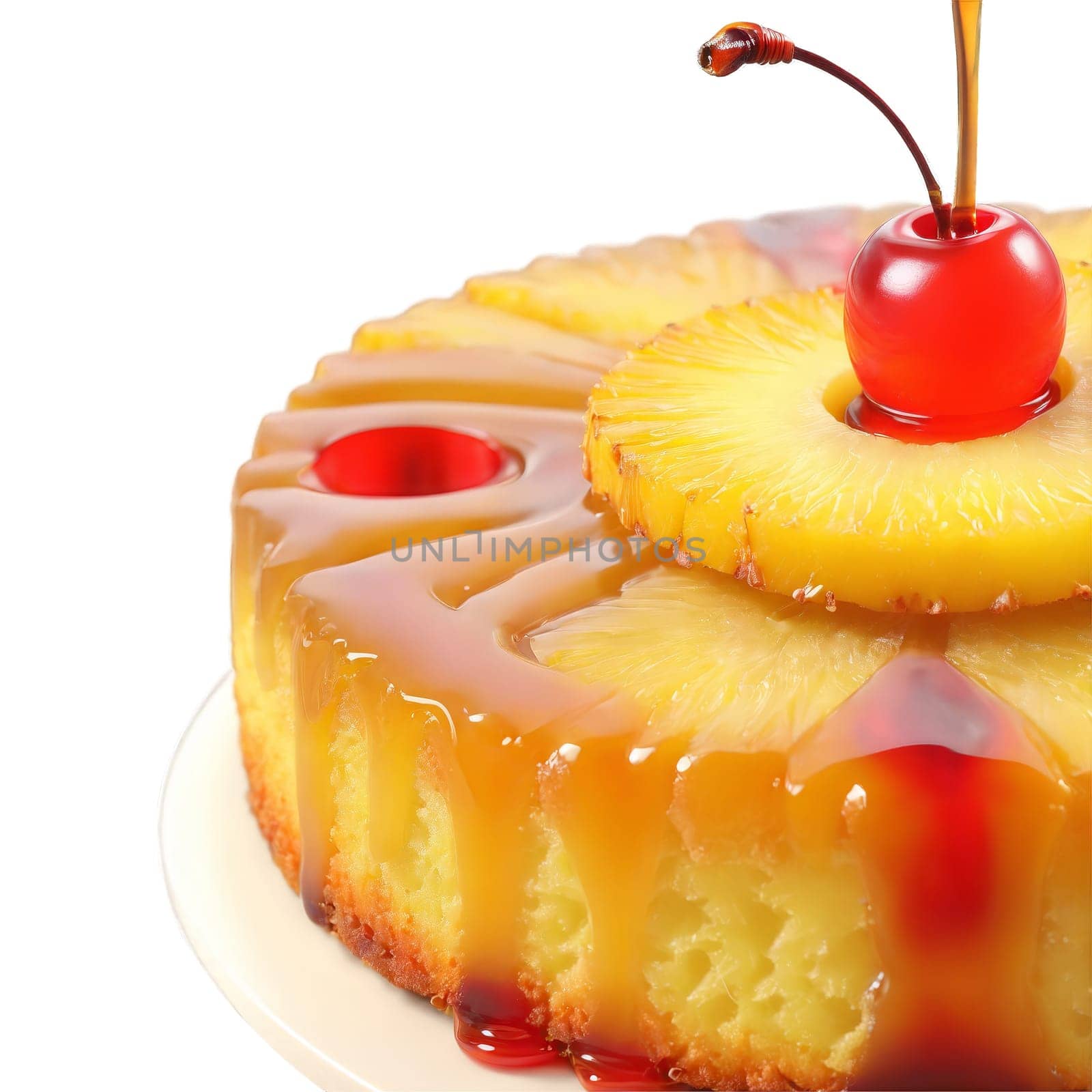 Pineapple upside down cake with a moist vanilla cake caramelized pineapple rings and maraschino cherries by panophotograph