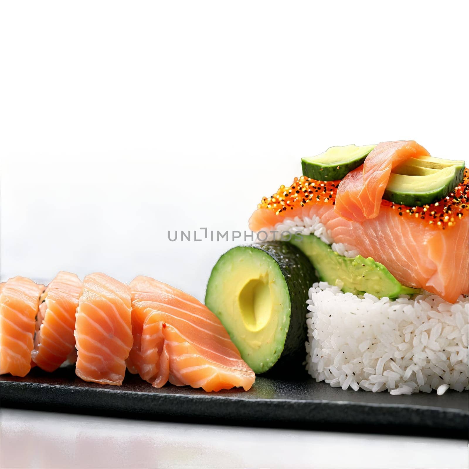 Breakfast sushi bowl with sushi rice topped with smoked salmon avocado cucumber and a sprinkle by panophotograph