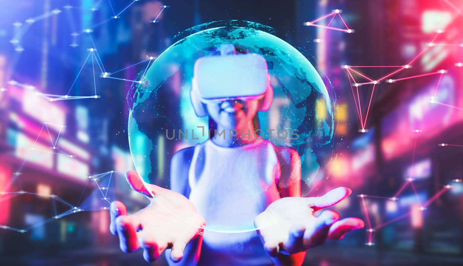 Smart female stand in virtual reality cyberpunk style building of meta wear VR headset connect metaverse, future cyberspace community technology, Woman see and hold 3D globe hologram. Hallucination.