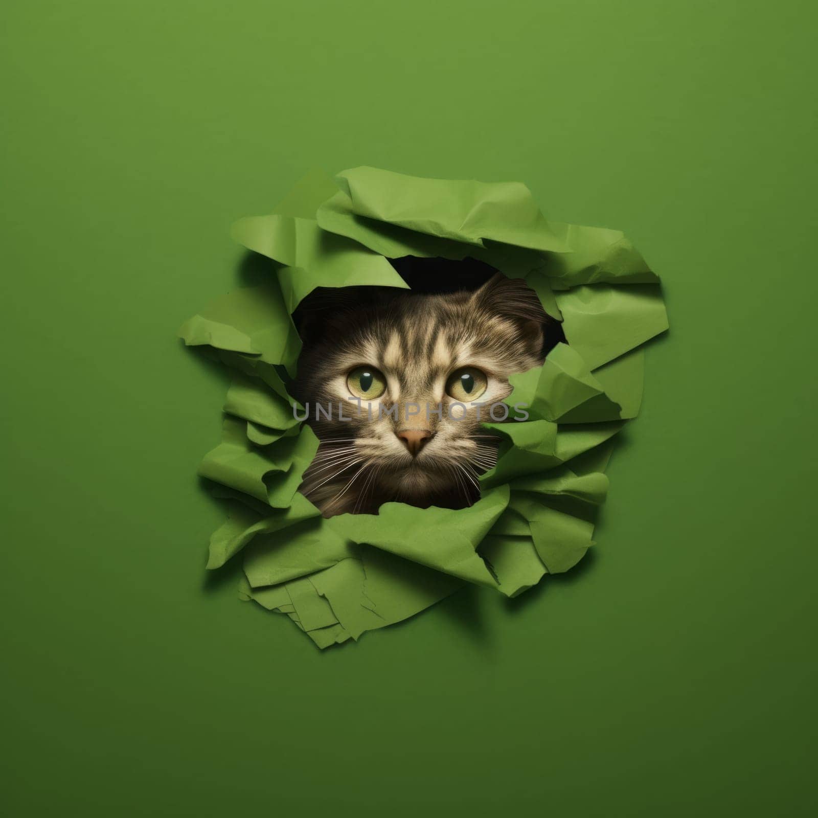 A cat crawled through a hole on a green background. Paper background torn by a pet. Generated AI by Oxdesign