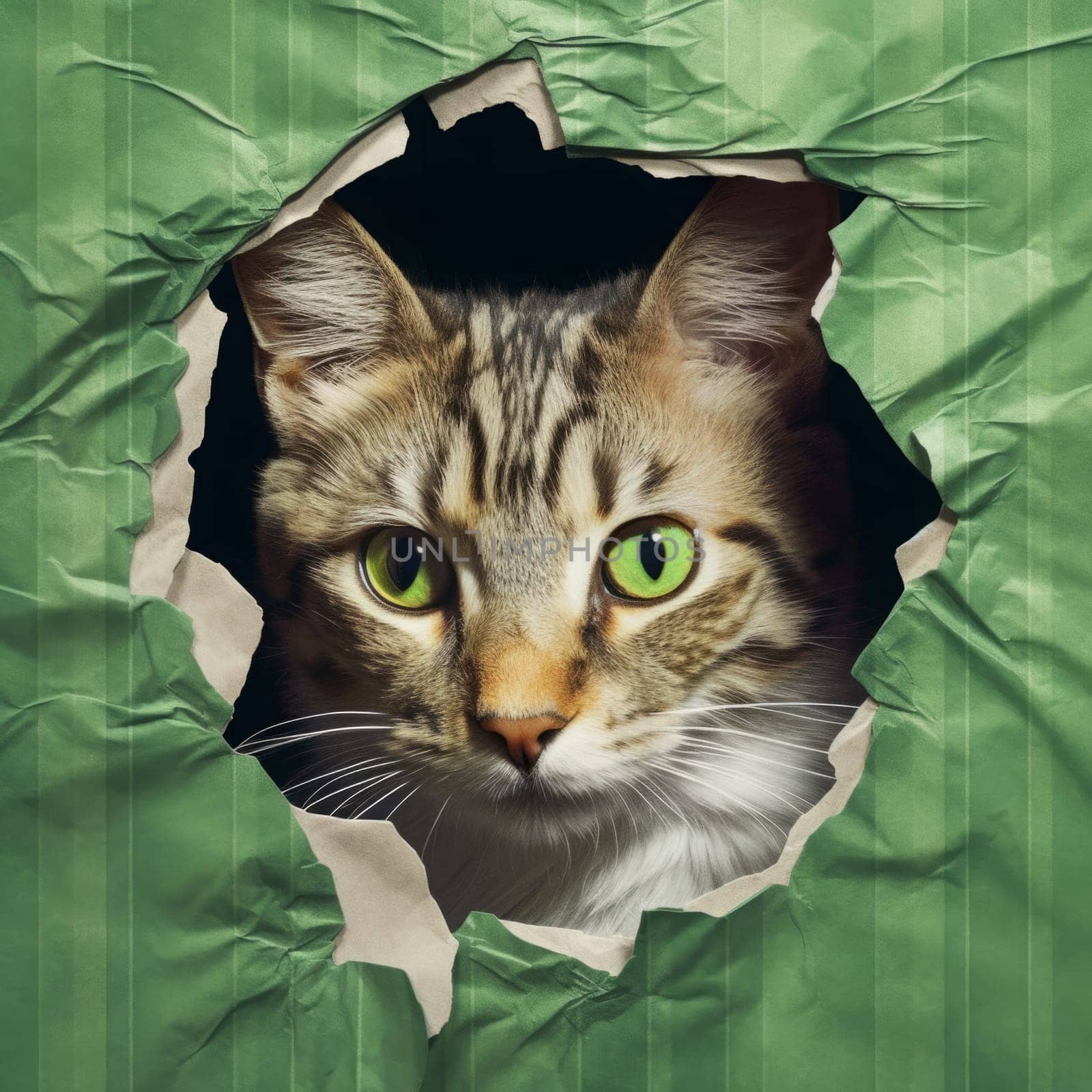 A cat crawled through a hole on a green background. Paper background torn by a pet. Generated AI by Oxdesign