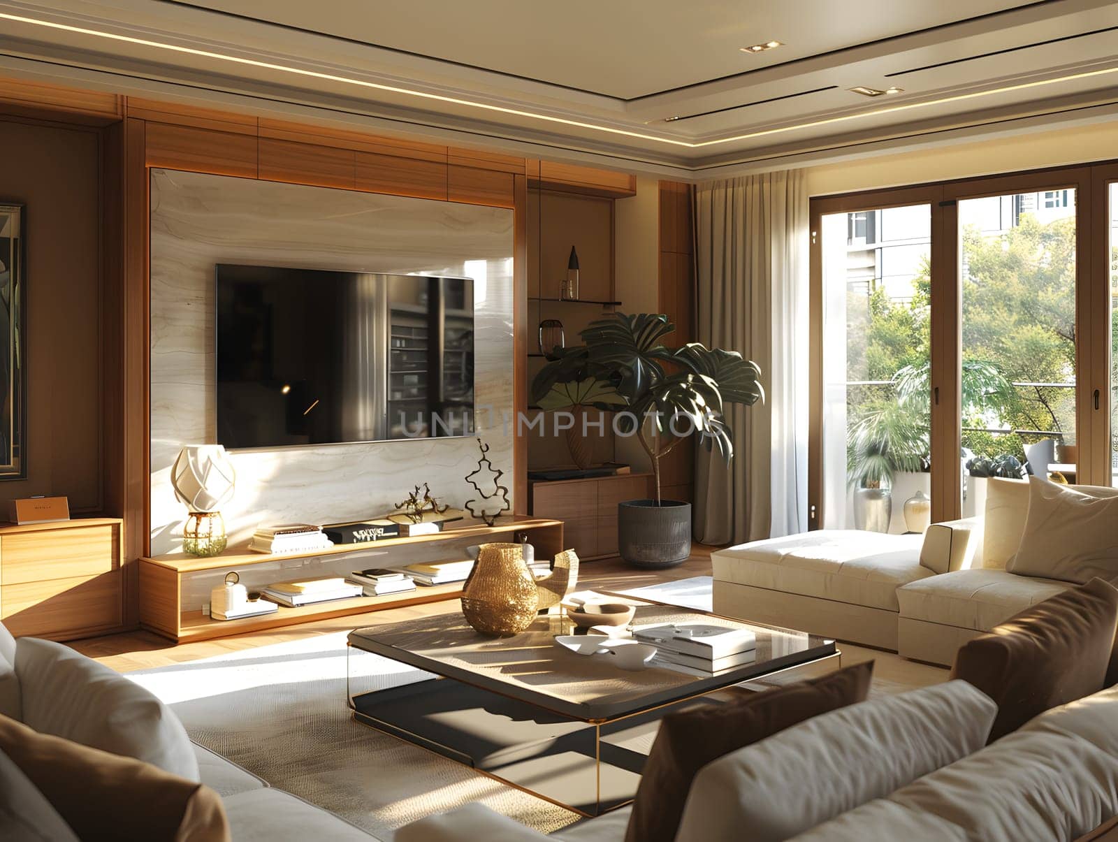 A welldesigned living room with hardwood furniture and a flat screen TV. The interior design features a mix of modern and traditional elements, creating a cozy atmosphere in the house