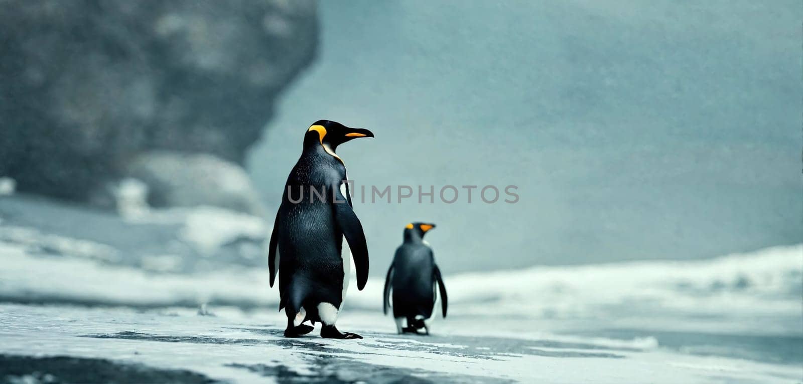 A lonely penguin walks across frozen Antarctica. Generative AI