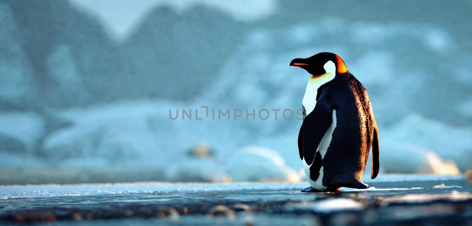 A lonely penguin walks across frozen Antarctica. Generative AI