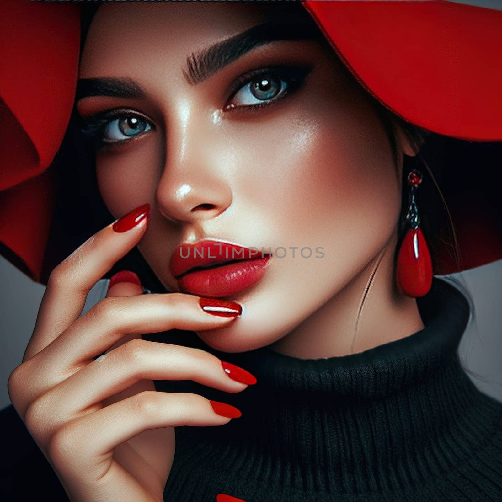 Portrait of a beautiful girl in a red hat with a red manicure. Generative AI. High quality photo