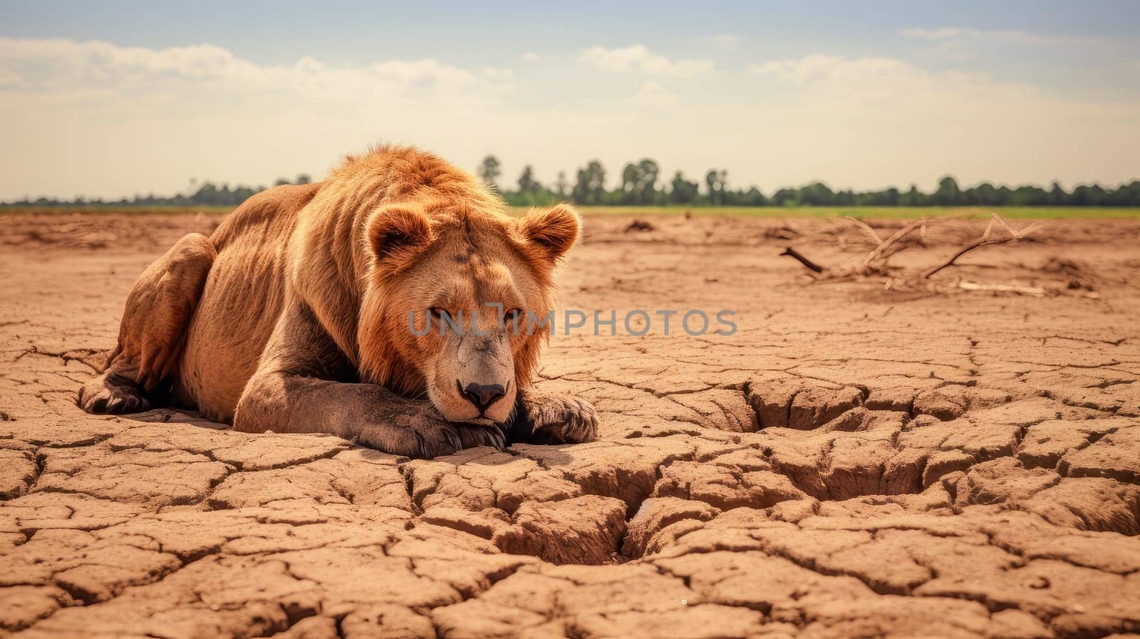 Animals suffer from lack of water, a lion on the cracked ground from the heat. Water shortage on Earth due to global warming, drought, famine. Climate change, crisis environment, water crisis. Saving natural resources, planet suffers