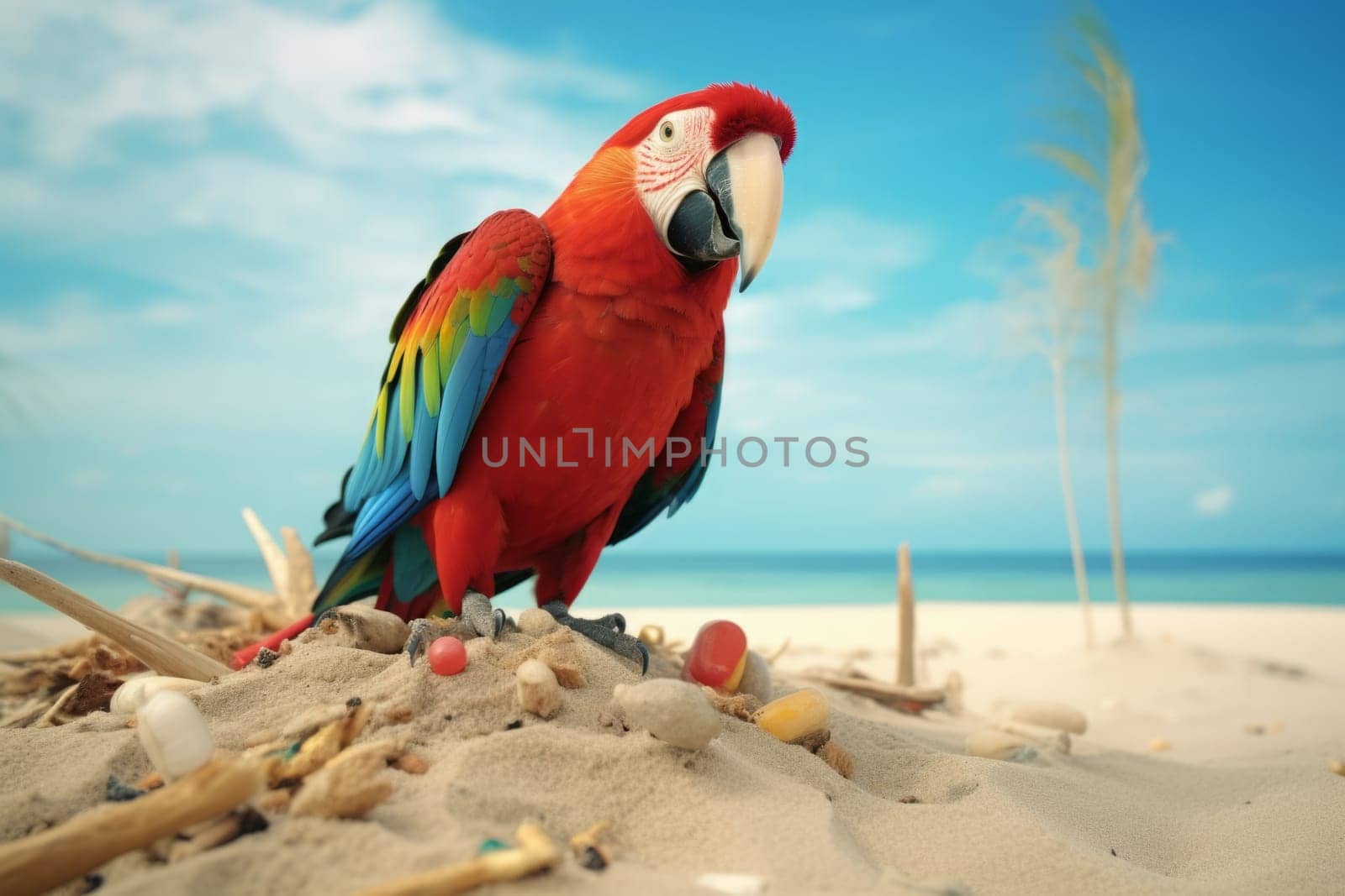 Cute bright colorful parrot on the white sand near sea. Generated AI by Oxdesign