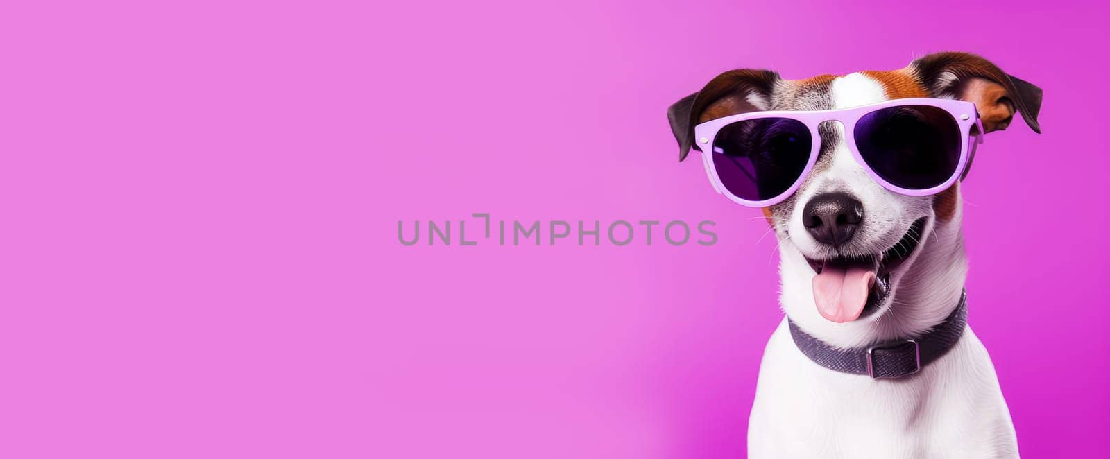 Happy, contented dog wearing sunglasses during vacation or vacation on a purple background. Advertising holidays for animals, travel agency, pet store, modern training and courses