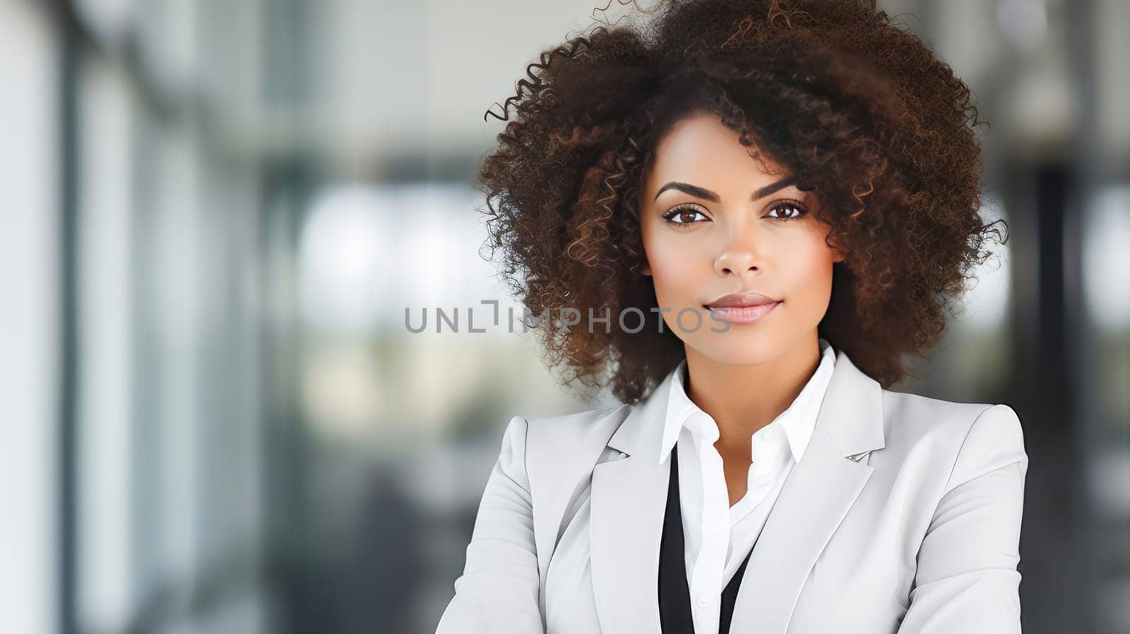 Portrait of a stylish, elegant, authoritative young woman, business woman in a white office. African American woman with dark skin and curly hair is wearing a shirt and jacket, suit, dress code by Alla_Yurtayeva