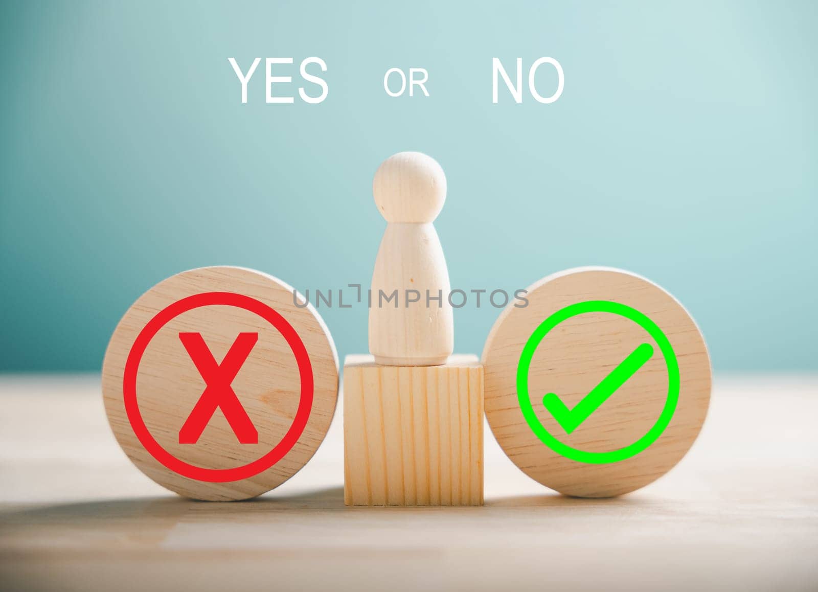 Wooden block choice showcases people's conflict between right and wrong contemplating yes or no decisions. True and false symbols on wood illustrate business dilemmas. Think With Yes Or No Choice. by Sorapop