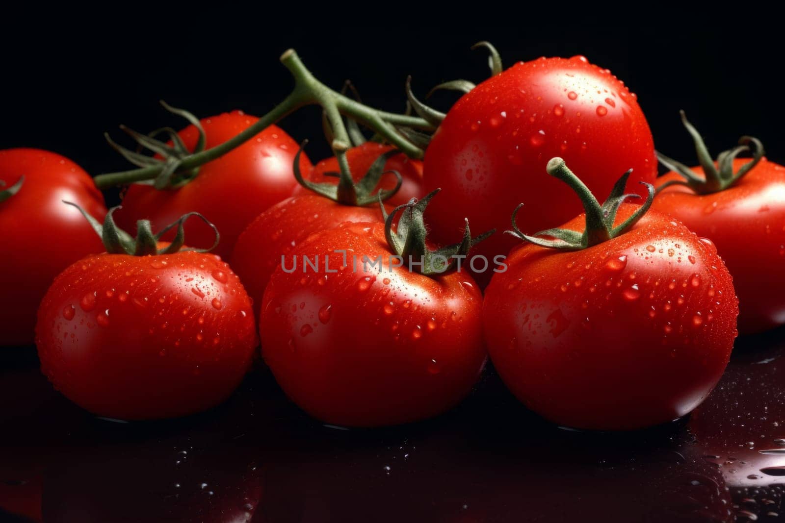 Ripe red tomatoes on black background. Generated AI by Oxdesign