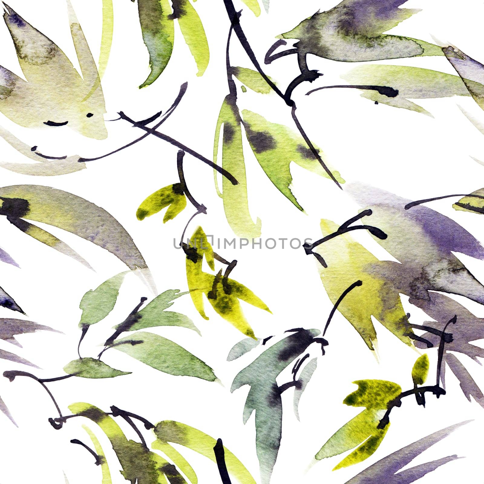 Watercolor tree leaves, seamless pattern, hand drawn artistic painting in sumi-e style, japanese painting, chinese painting