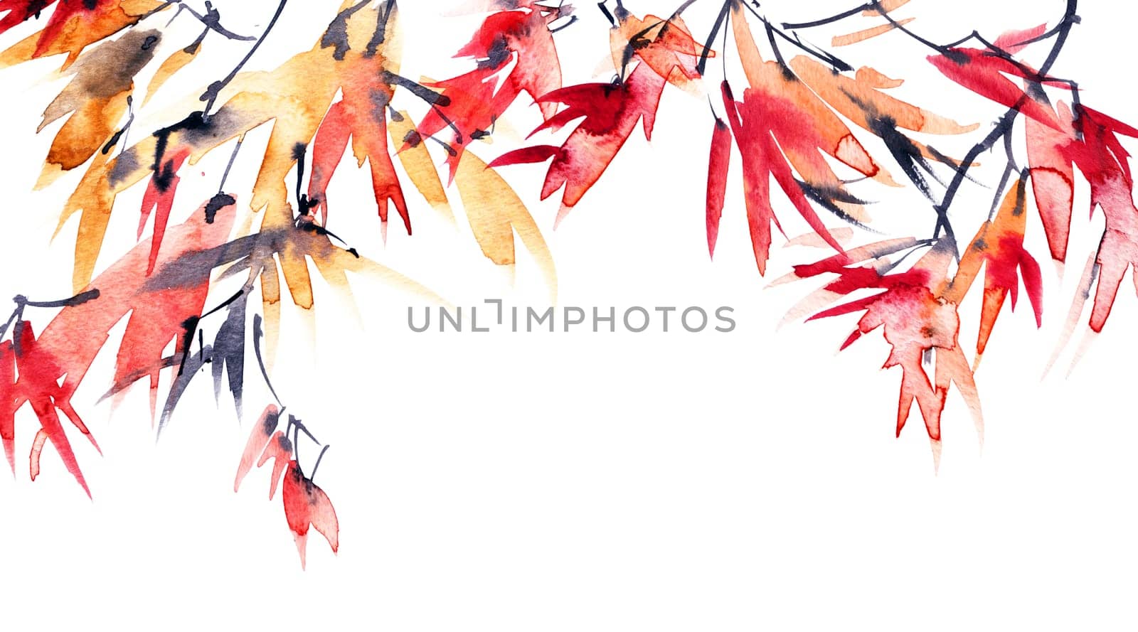 Autumn tree with orange and red leaves on white background - horizontal background design. Hand drawn artistic painting in sumi-e style, Japanese painting, Chinese painting.