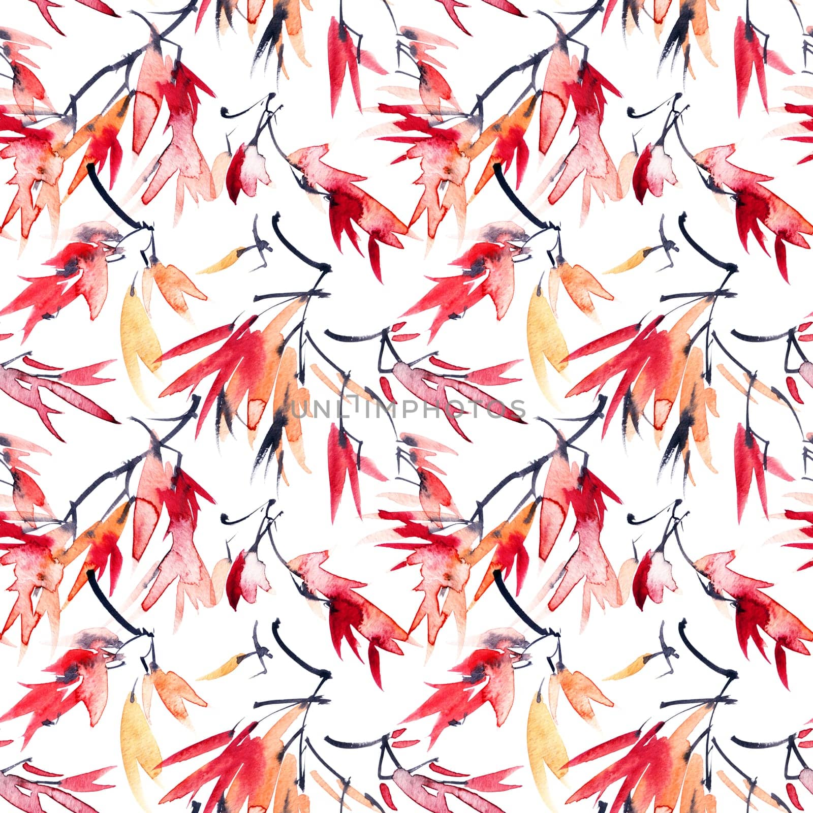Autumn tree leaves with red and orange leaves, seamless pattern, hand drawn watercolor and ink painting in sumi-e style, Japanese painting, Chinese painting