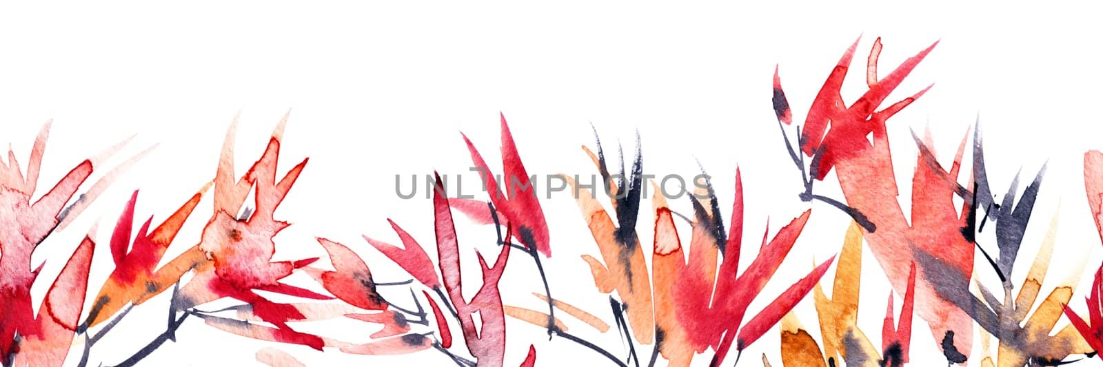 Autumn tree with orange and red leaves on white background - horizontal seamless border design. Hand drawn artistic painting in sumi-e style, Japanese painting, Chinese painting.