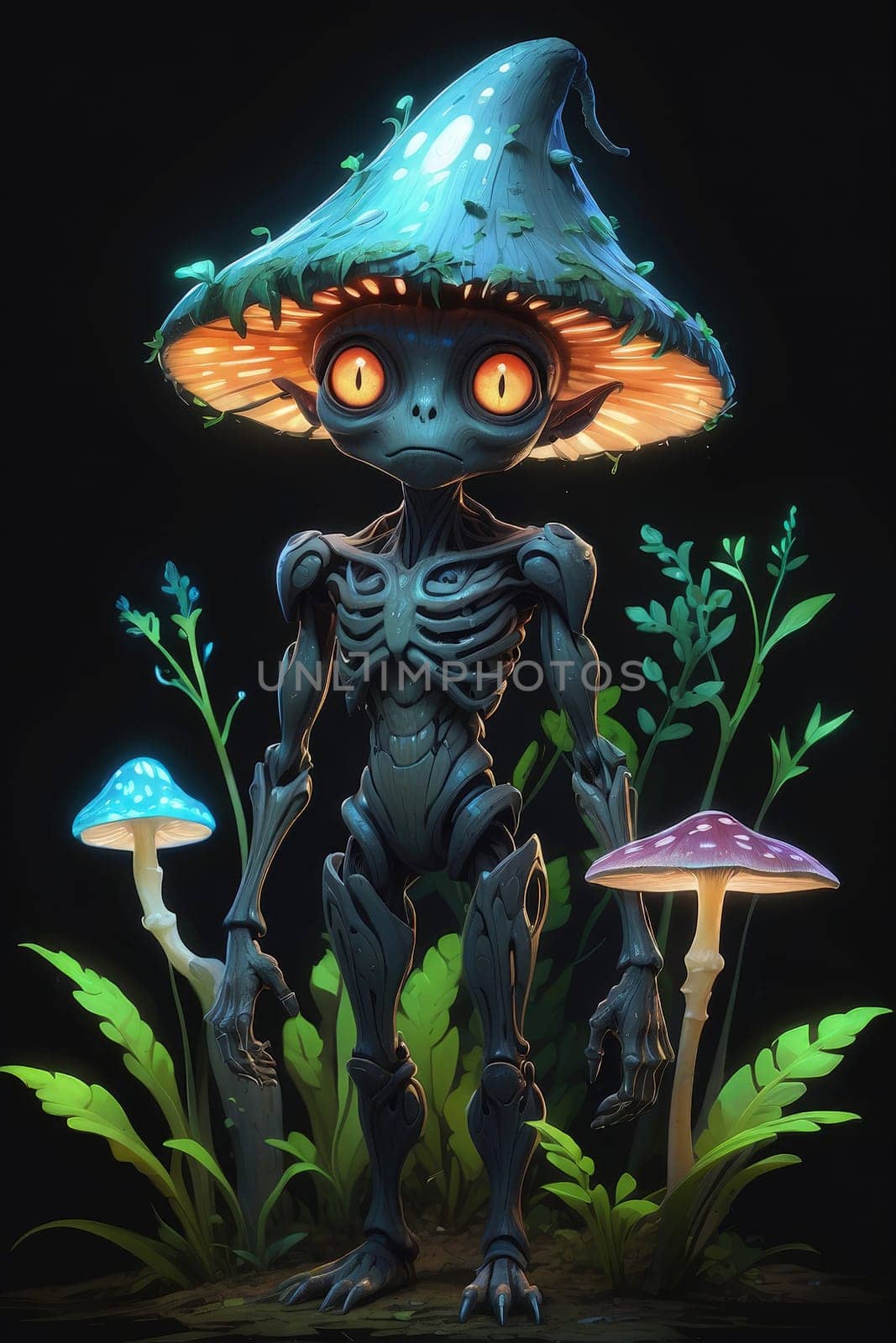 Fantasy alien with mushrooms and grass on a black background. 3d rendering. AI Generated.