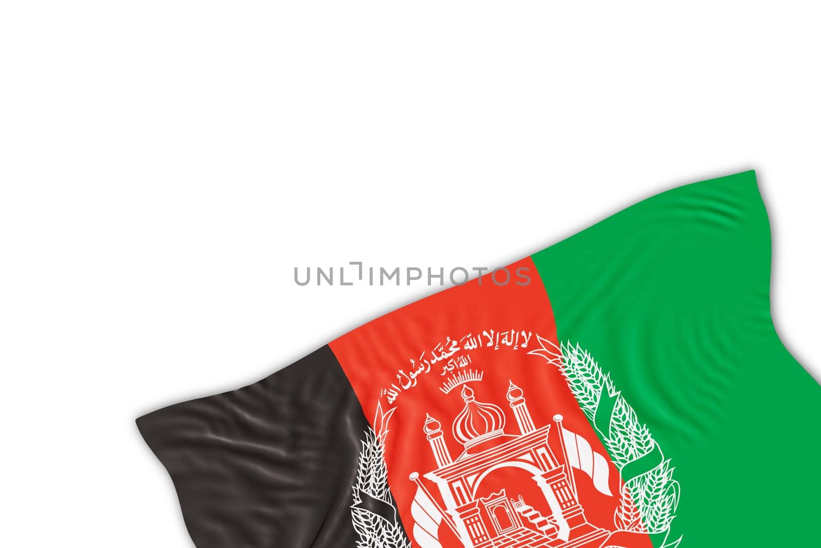 Realistic Afghanistan flag with folds, isolated on white background. Footer, corner design element. Perfect for patriotic themes or national event promotions. Empty, copy space. 3D render. by creativebird
