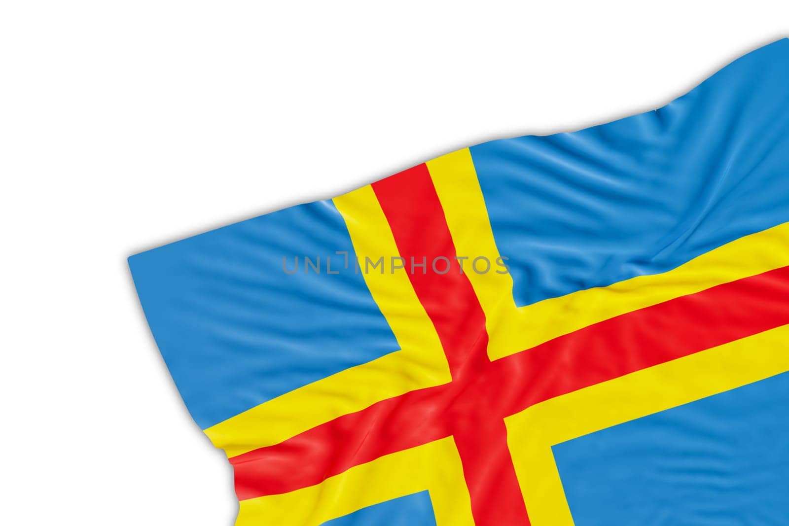 Realistic Aland flag with folds, isolated on white background. Footer, corner design element. Perfect for patriotic themes or national event promotions. Empty, copy space. 3D render. by creativebird