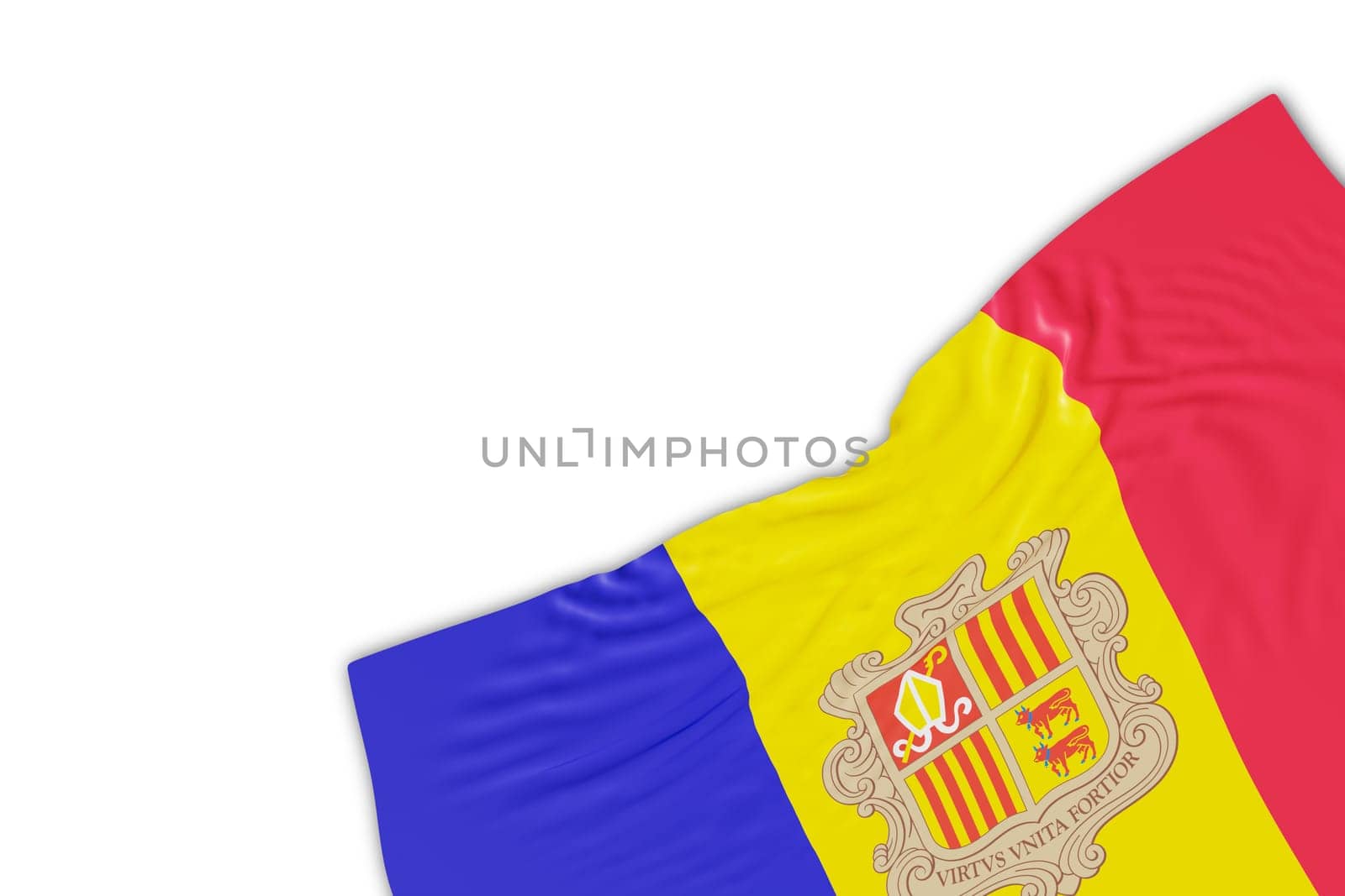 Realistic flag of Andorra with folds, isolated on white background. Footer, corner design element. Perfect for patriotic themes or national event promotions. Empty, copy space. 3D render