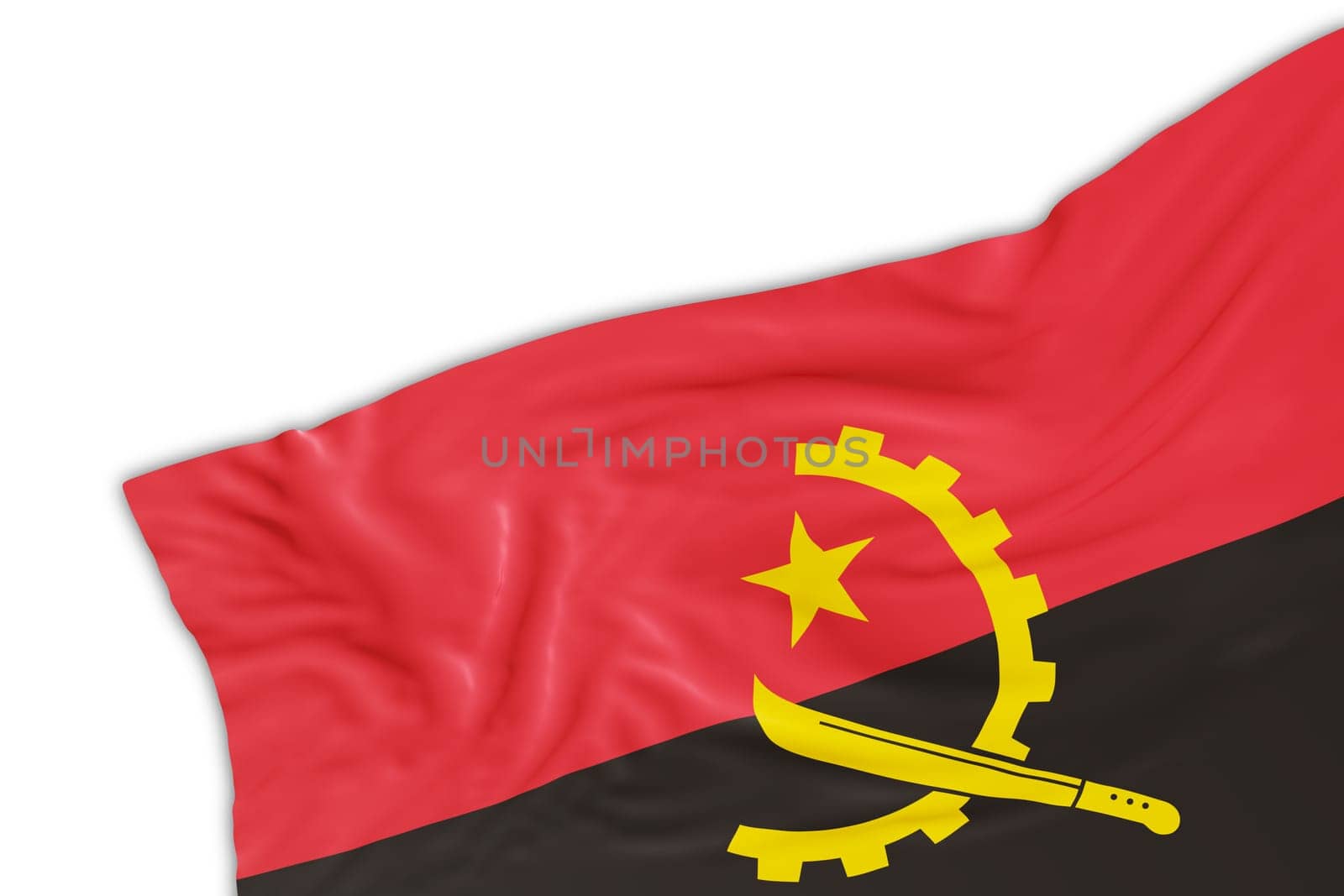 Realistic flag of Angola with folds, isolated on white background. Footer, corner design element. Perfect for patriotic themes or national event promotions. Empty, copy space. 3D render. by creativebird