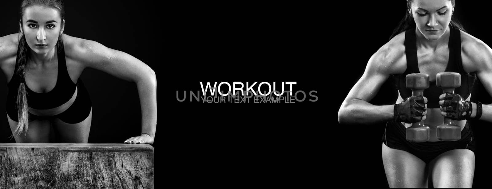 Sporty and fit woman with dumbbell exercising at black background to stay fit. Workout and fitness motivation. by MikeOrlov