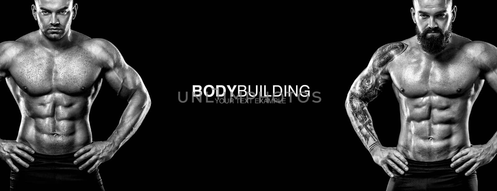 Sports wallpaper on dark background. Power athletic guy bodybuilder. Sport nutrition banner. by MikeOrlov