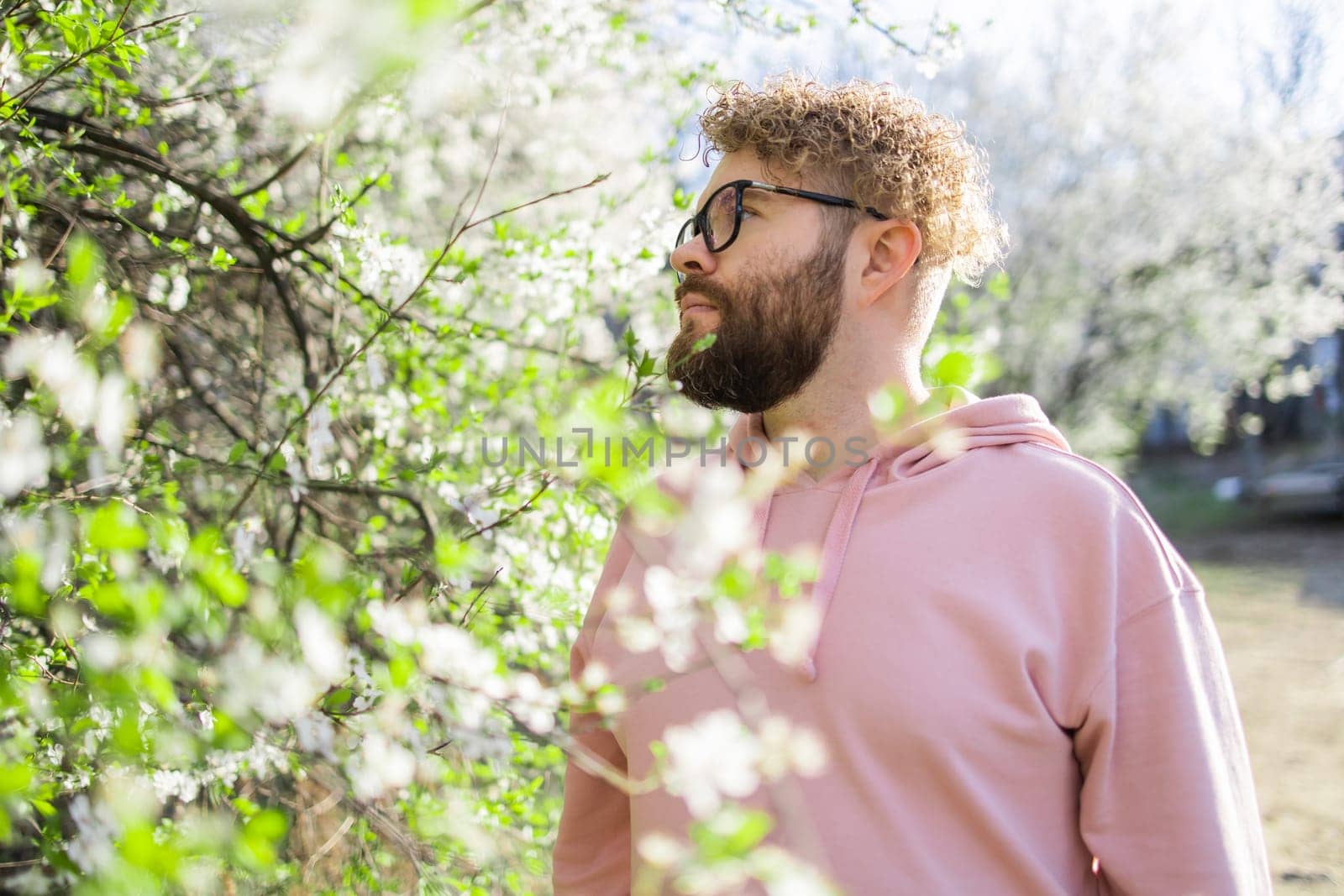 Man with beard and mustache on smiling face near sakura flowers or blooming spring tree. Soft and gentle concept. Bearded man with stylish haircut with flowers on background, close up. Hipster near branch of bloom tree