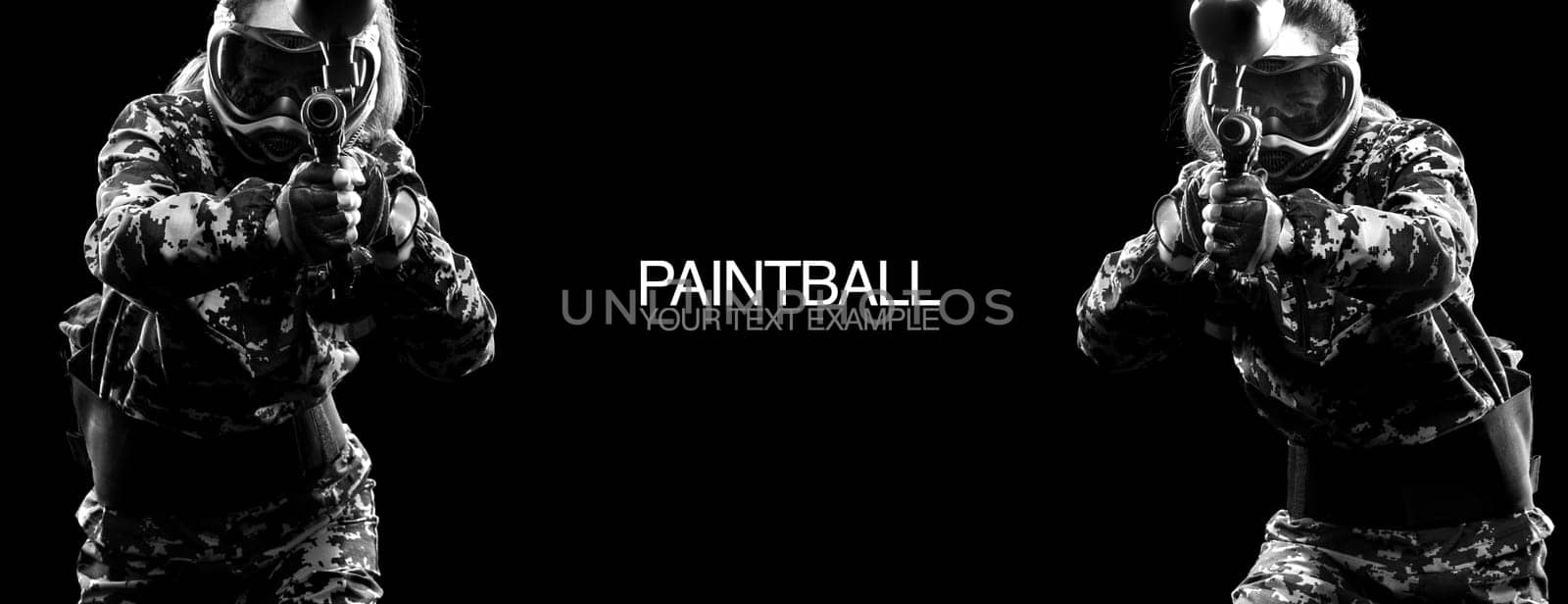 Paintball game and lasertag soldiers in military isolated on black background. Poster concept with copy space. Sport concept. by MikeOrlov