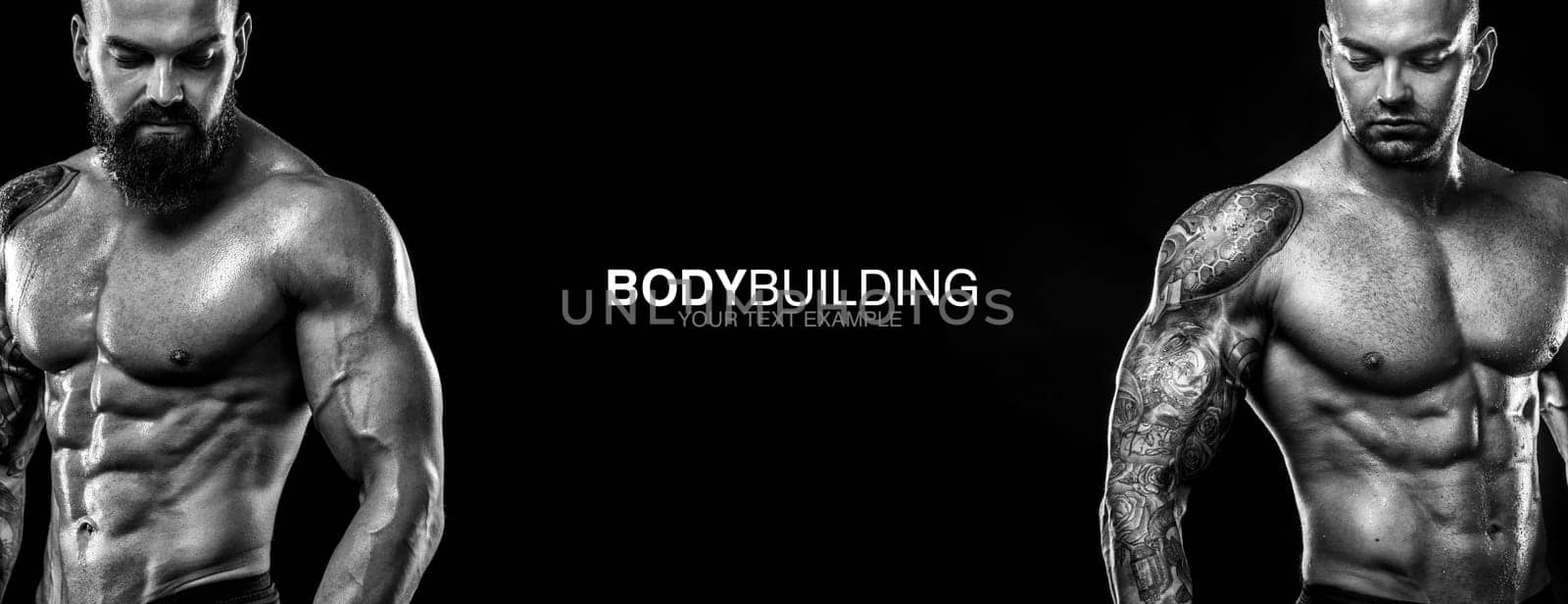 Sports wallpaper. Power athletic guy bodybuilder. Sportsman bodybuilder on black background with copy space. Sport concept.