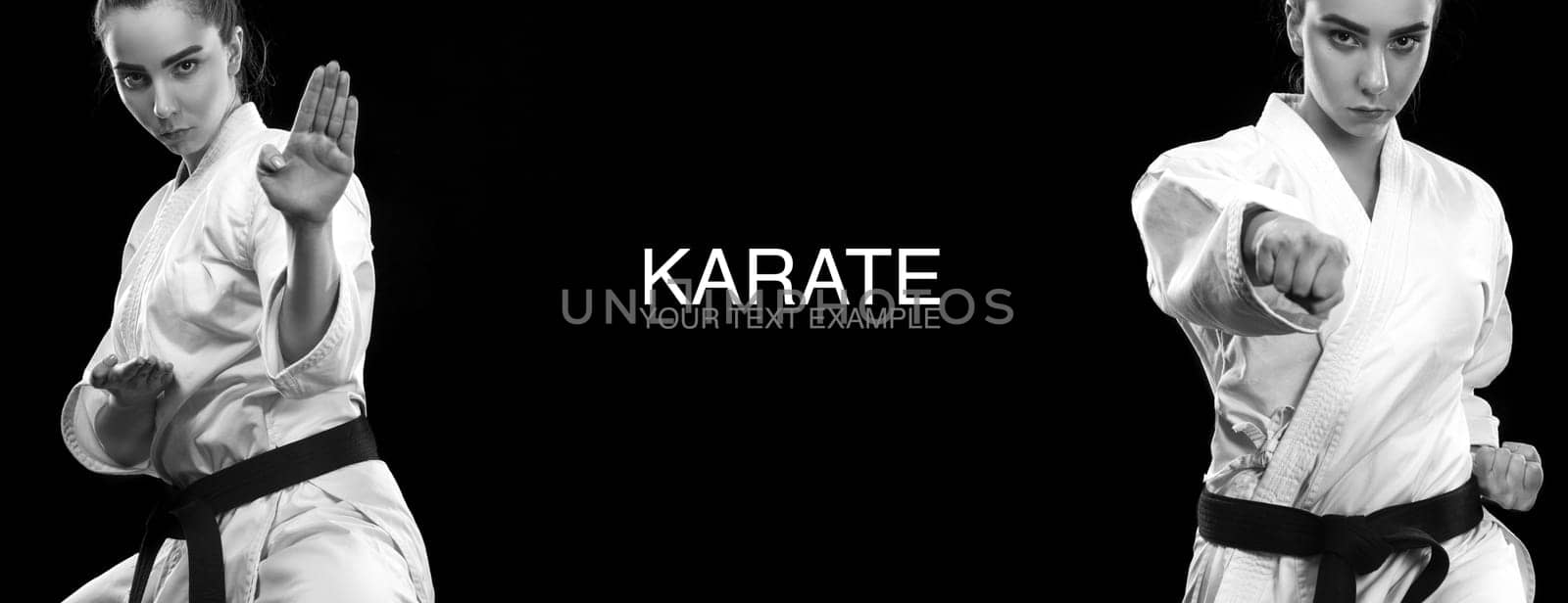 Portrait of sporty karate and taekwondo woman in white kimono with black belt on dark background. by MikeOrlov