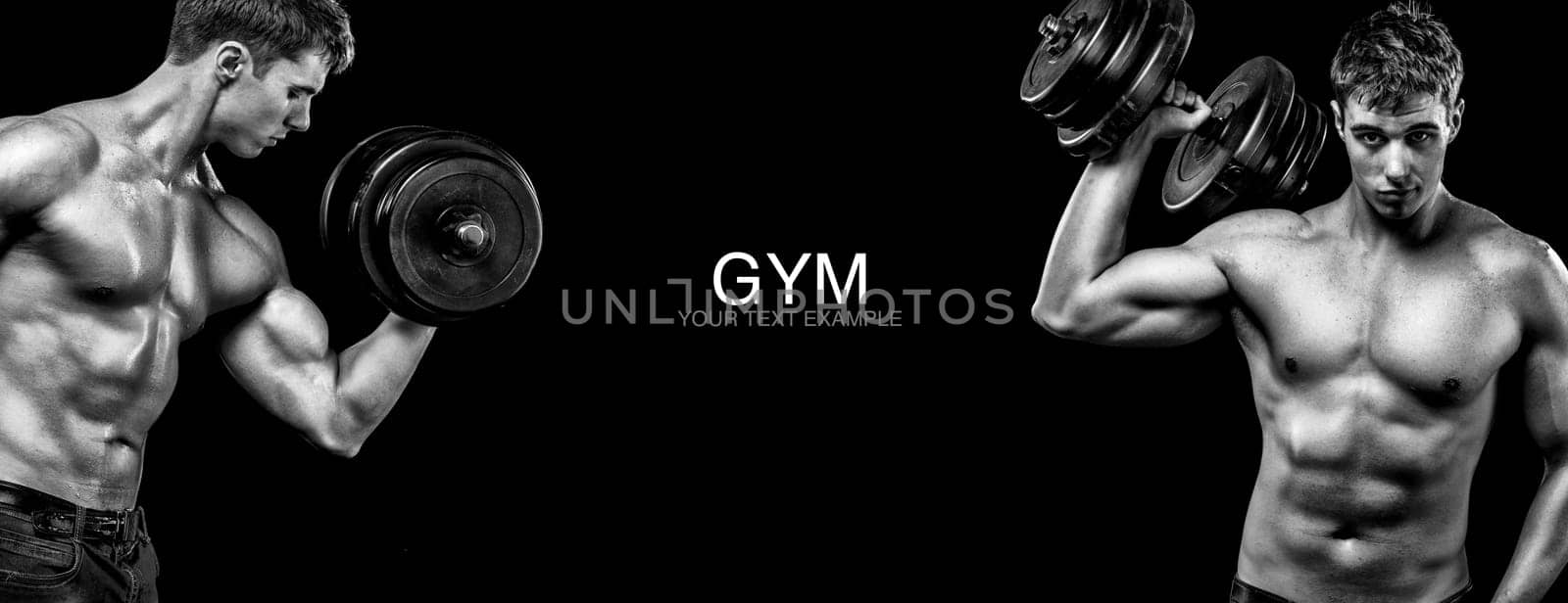 Sporty and fit man with dumbbell exercising at black background to stay fit. Workout and fitness motivation. by MikeOrlov