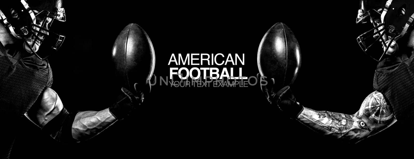 Sport concept. American football sportsman player on black background with copy space. Sport concept. by MikeOrlov