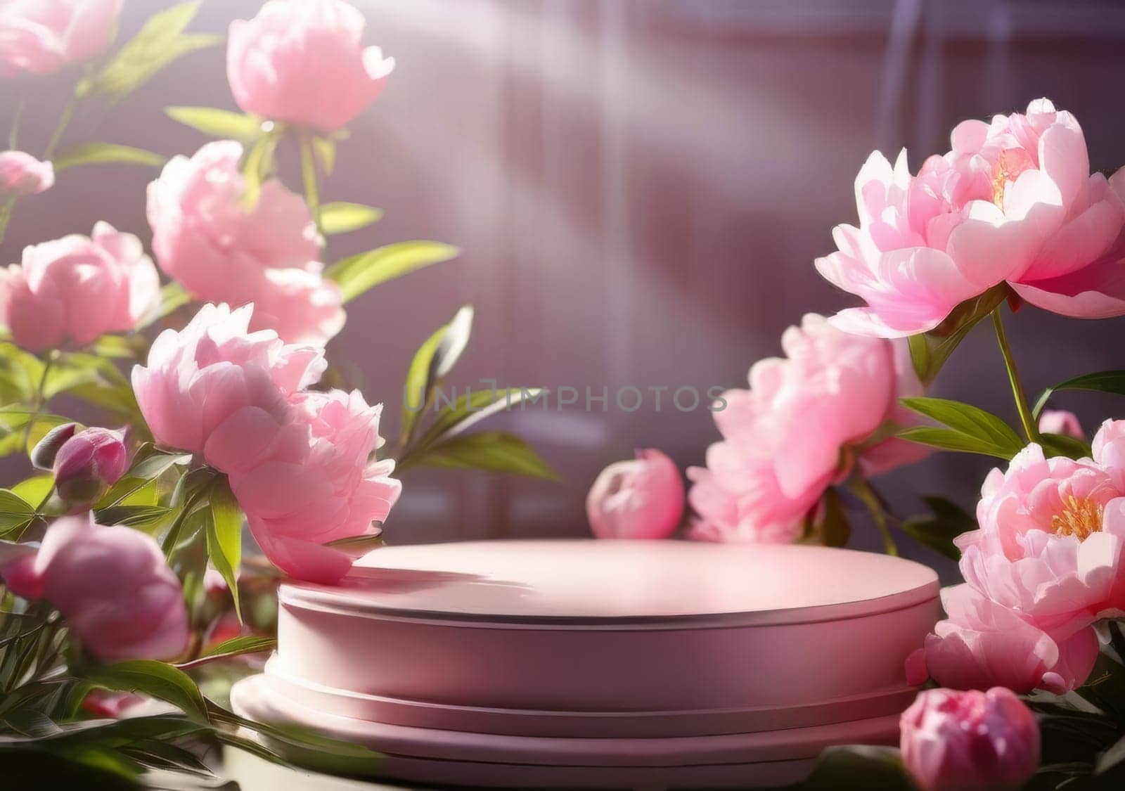 Low Empty Podium with background pink buds peonies flowers. Podium mockup for product 3d. spring table beauty stand display nature. Podium adorned with pink flowers, with sunlight streaming through petals. Display includes flowers arranged beautifully in the rose order