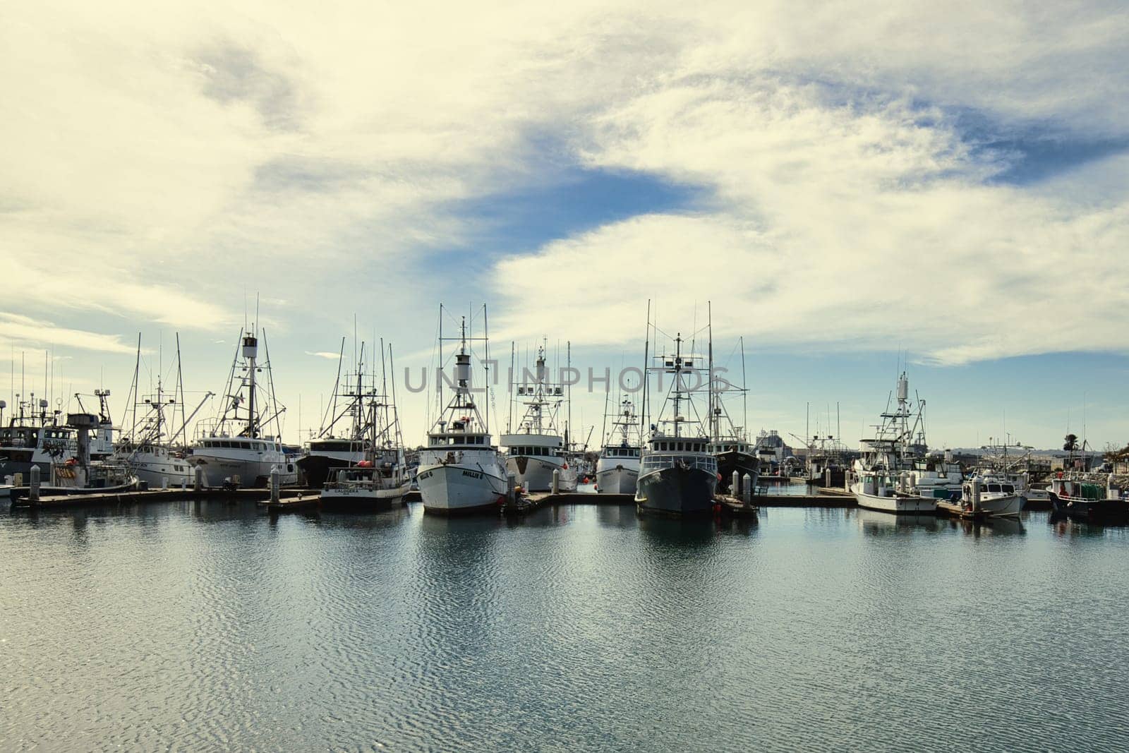 Ships and Boats Anchored at a Tranquil Pier by OliveiraTP