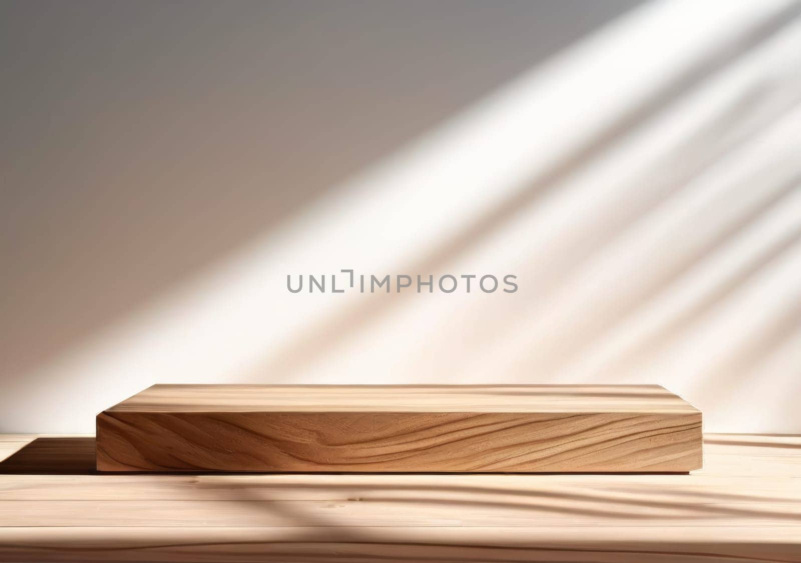 Wooden table top and podium background of light wall. Brown hardwood podium with shadows. Wooden pedestal podium, products display mockup. Showcase stage display. Pedestal for product presentation