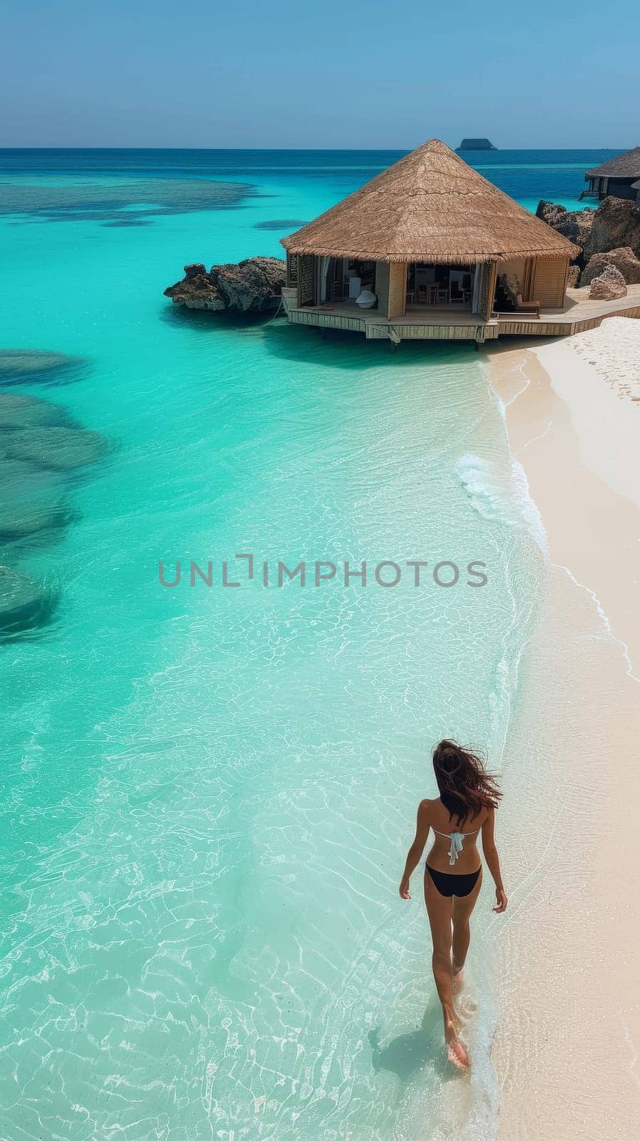 Aerial View of Beautiful Seashore Paradise. Turquouse Sea and Beige Sand Beach Idyllic Seascape. Travel and Vacation Background. by iliris