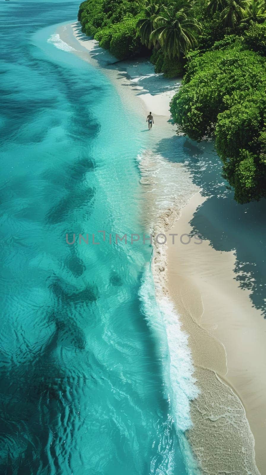 Aerial View of Beautiful Seashore Paradise. Turquouse Sea and Beige Sand Beach Idyllic Seascape. Travel and Vacation Background. Ai generated