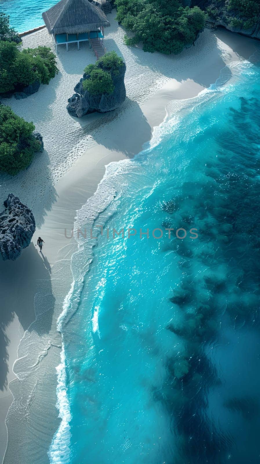 Aerial View of Beautiful Seashore Paradise. Turquouse Sea and Beige Sand Beach Idyllic Seascape. Travel and Vacation Background. Ai generated