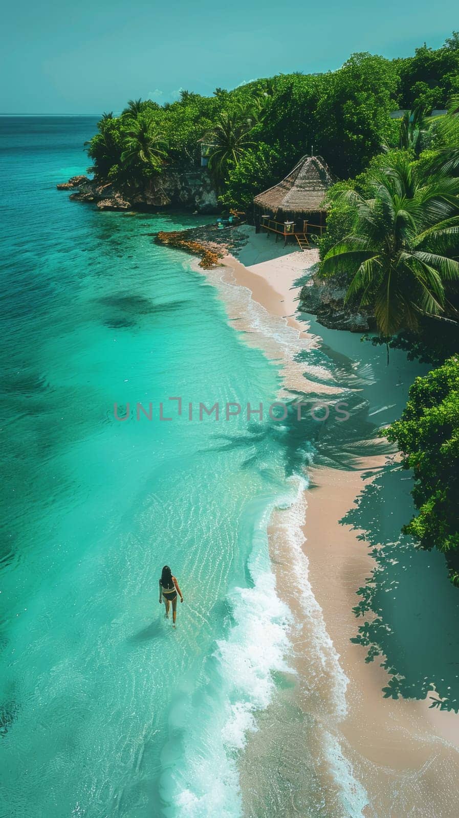 Aerial View of Beautiful Seashore Paradise. Turquouse Sea and Beige Sand Beach Idyllic Seascape. Travel and Vacation Background. Ai generated