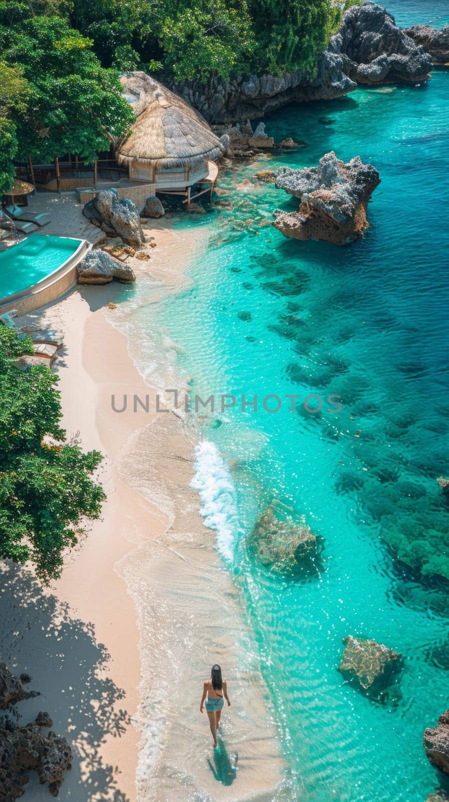 Aerial View of Beautiful Seashore Paradise. Turquouse Sea and Beige Sand Beach Idyllic Seascape. Travel and Vacation Background. by iliris