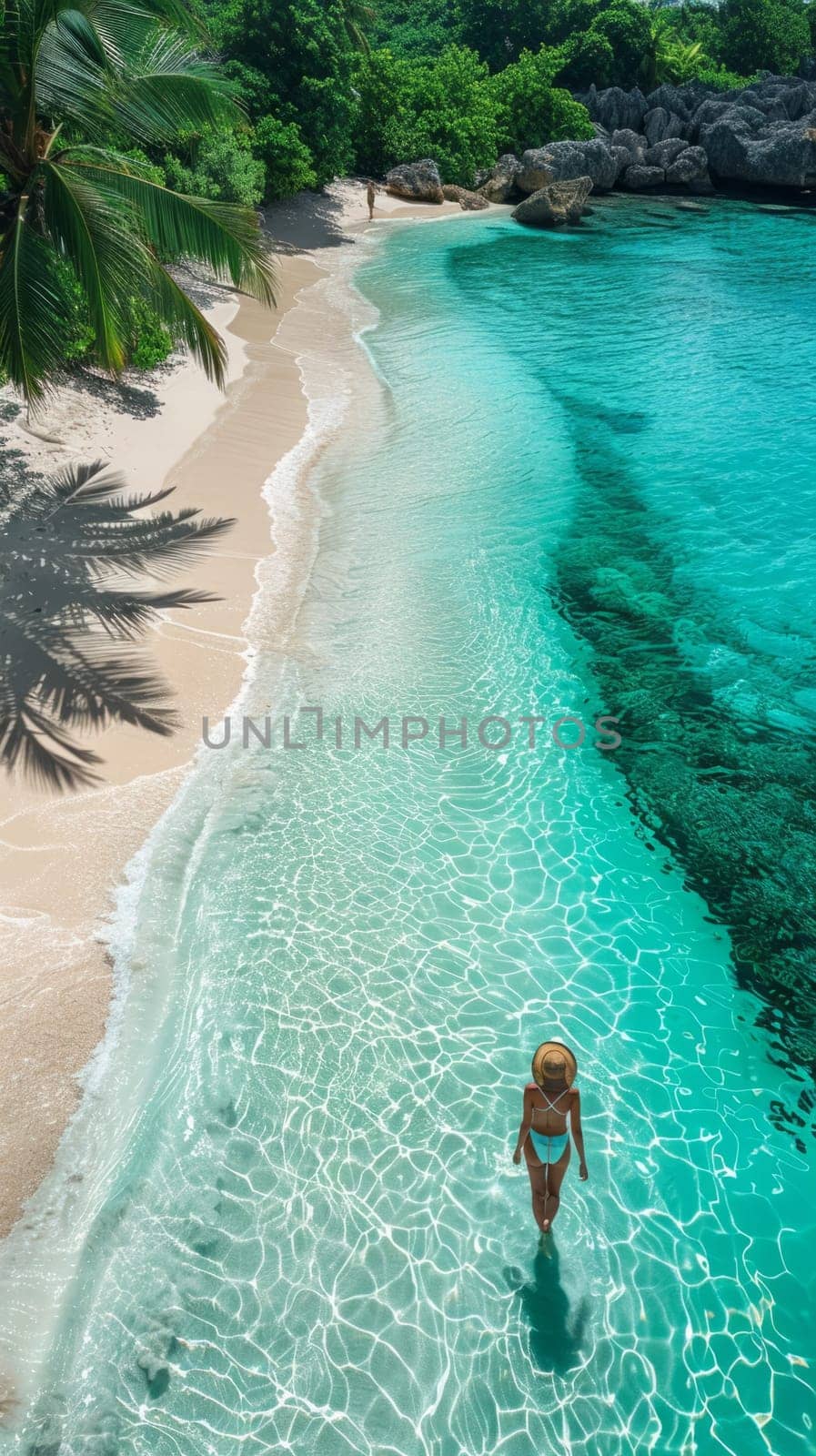 Aerial View of Beautiful Seashore Paradise. Turquouse Sea and Beige Sand Beach Idyllic Seascape. Travel and Vacation Background. Ai generated
