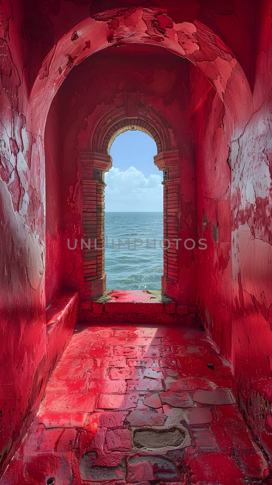 A magenta room with a window framed by a brick facade, overlooking the liquid landscape of the ocean under a sky filled with art