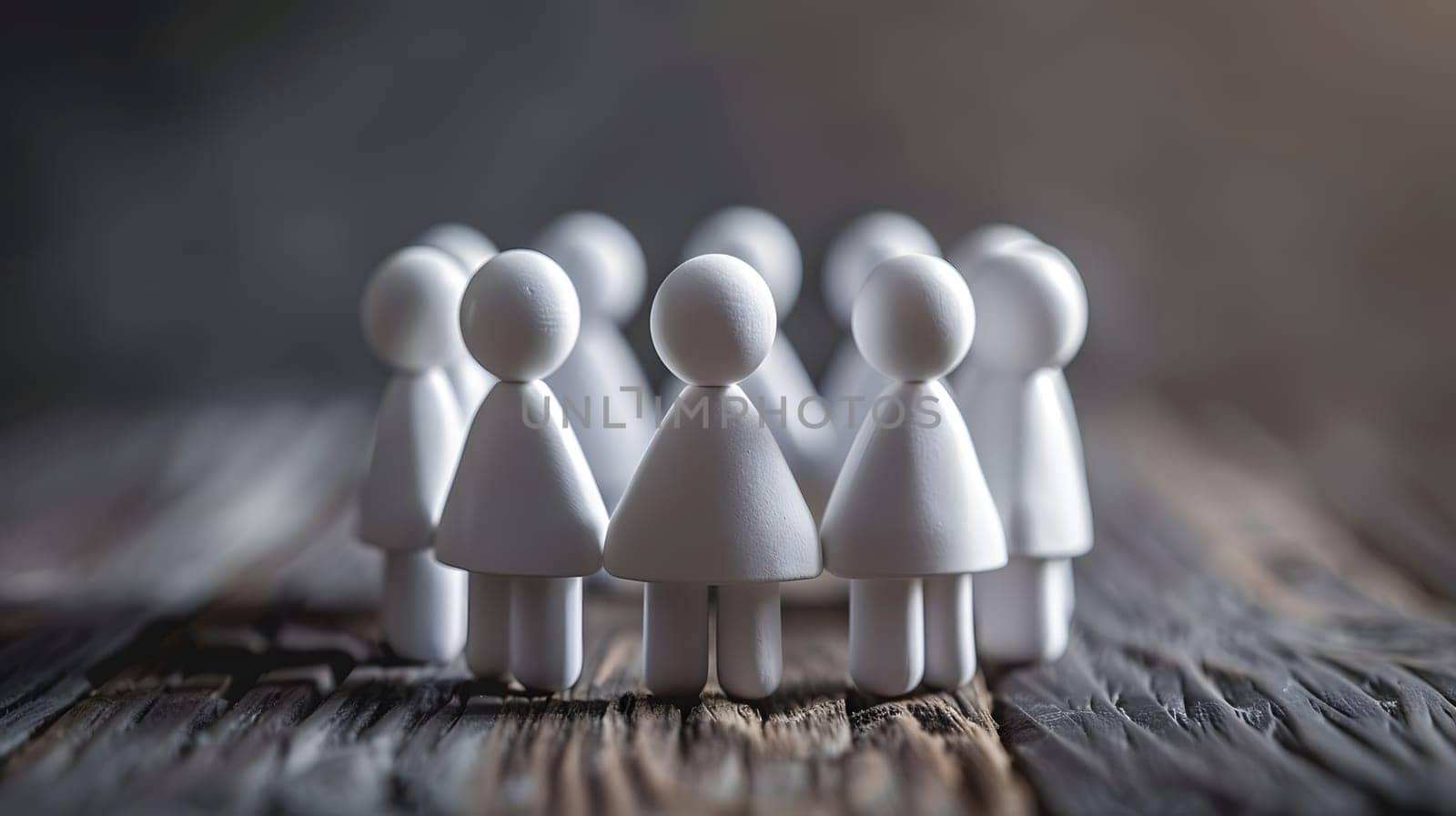 A group of white people are standing on a wooden table, wearing jewellery and fashion accessories. The scene is captured in macro photography, highlighting the metal and wood details in the darkness