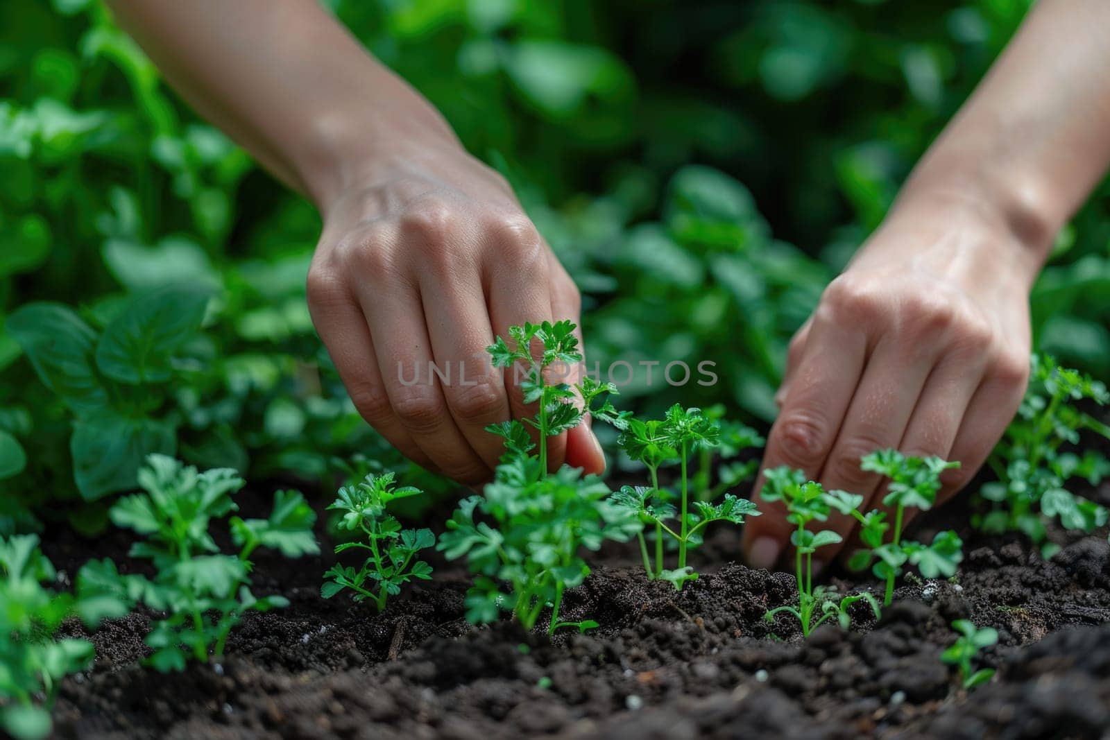 hands planting herbs or vegetables in a small backyard garden. ai generated by Desperada