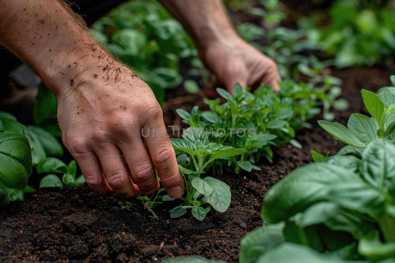 Close-up of hands planting herbs or vegetables in a small backyard garden. ai generated