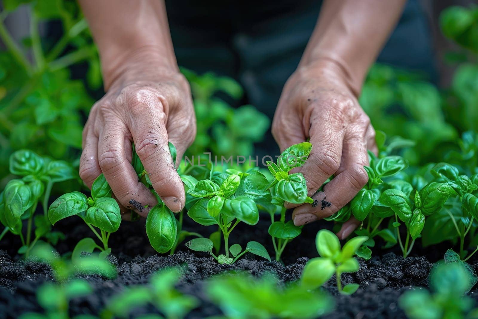 Close-up of hands planting herbs or vegetables in a small backyard garden. ai generated