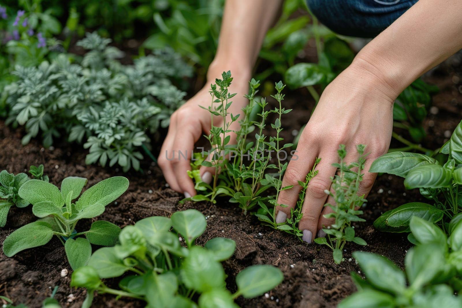 Close-up of hands planting herbs or vegetables in a small backyard garden. ai generated