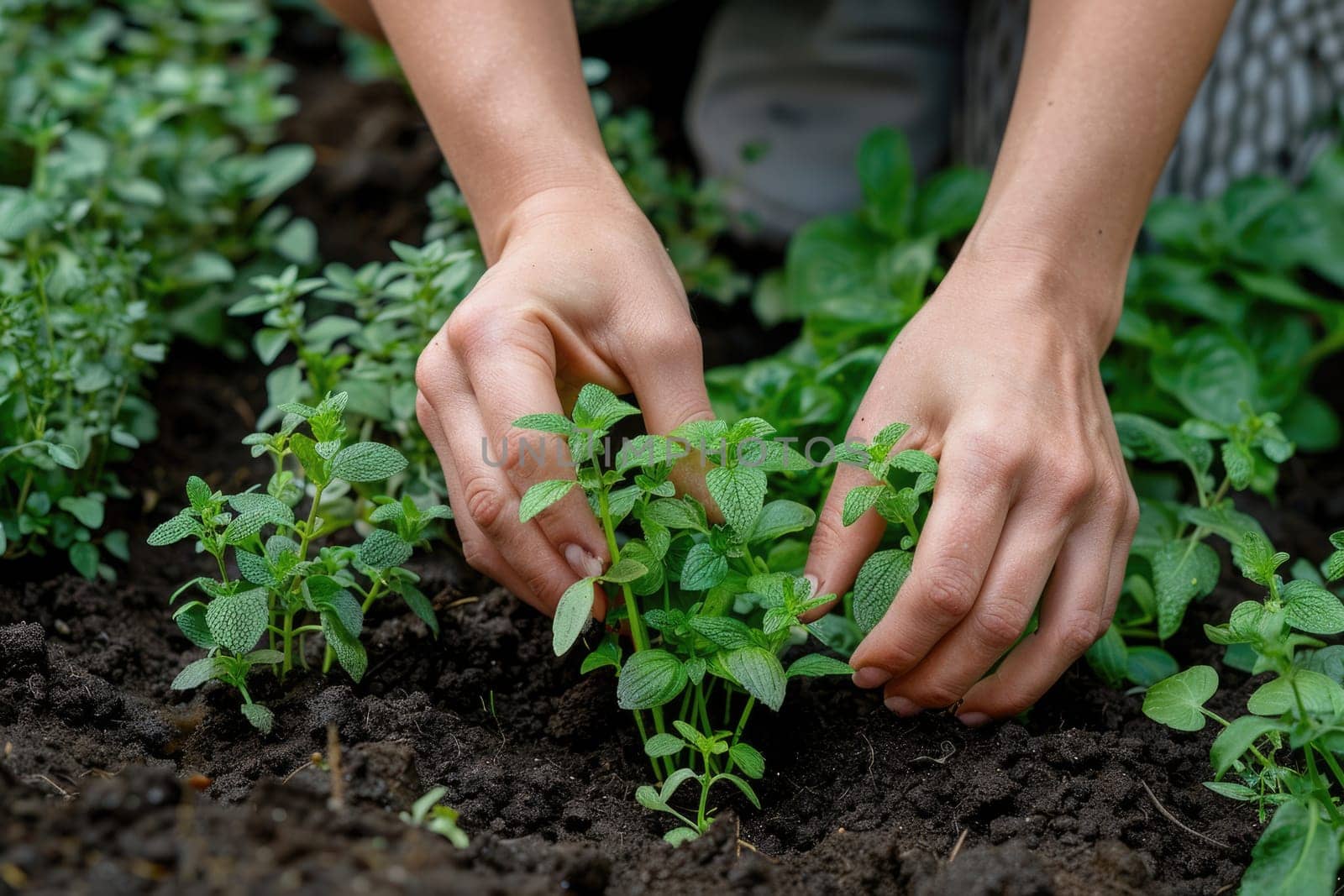 hands planting herbs or vegetables in a small backyard garden. ai generated by Desperada