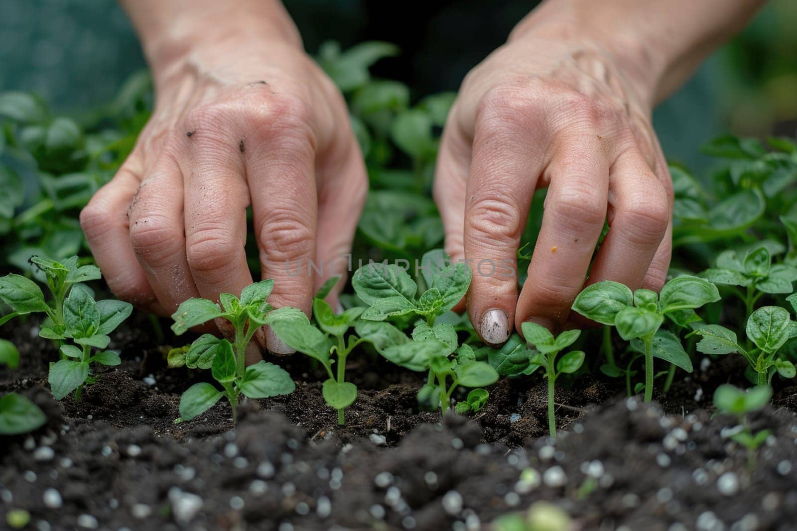 Close-up of hands planting herbs or vegetables in a small backyard garden. ai generated